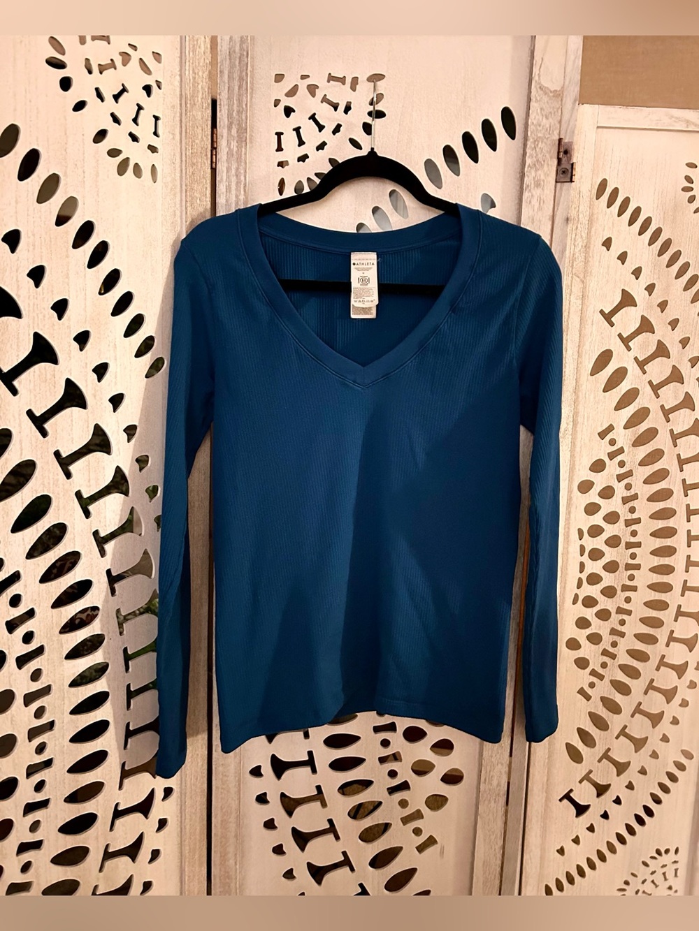 Athleta. teal, ribbed v-neck long-sleeve top